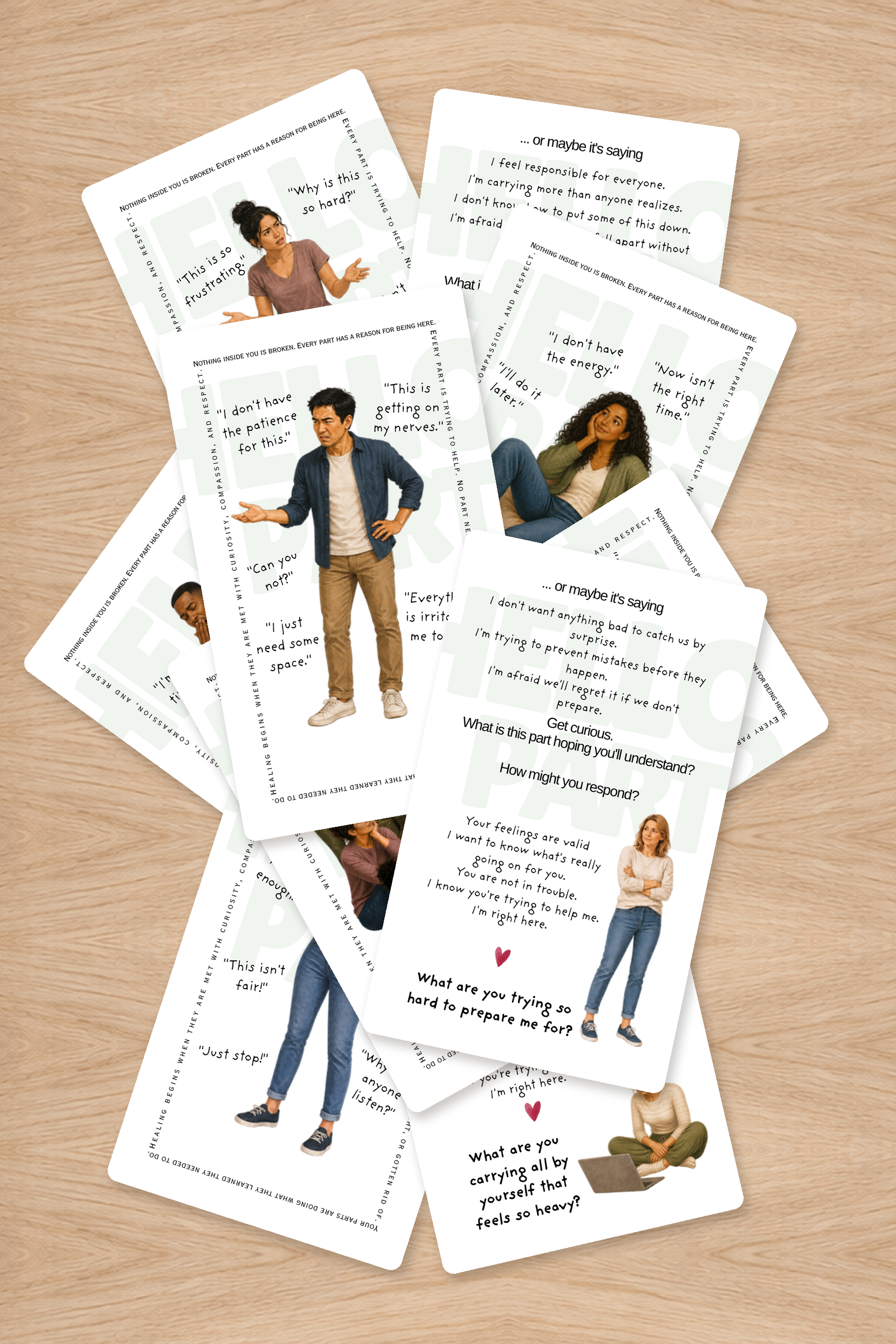 An overlapping pile of Hello Part cards showing character illustrations and prompts on the backs