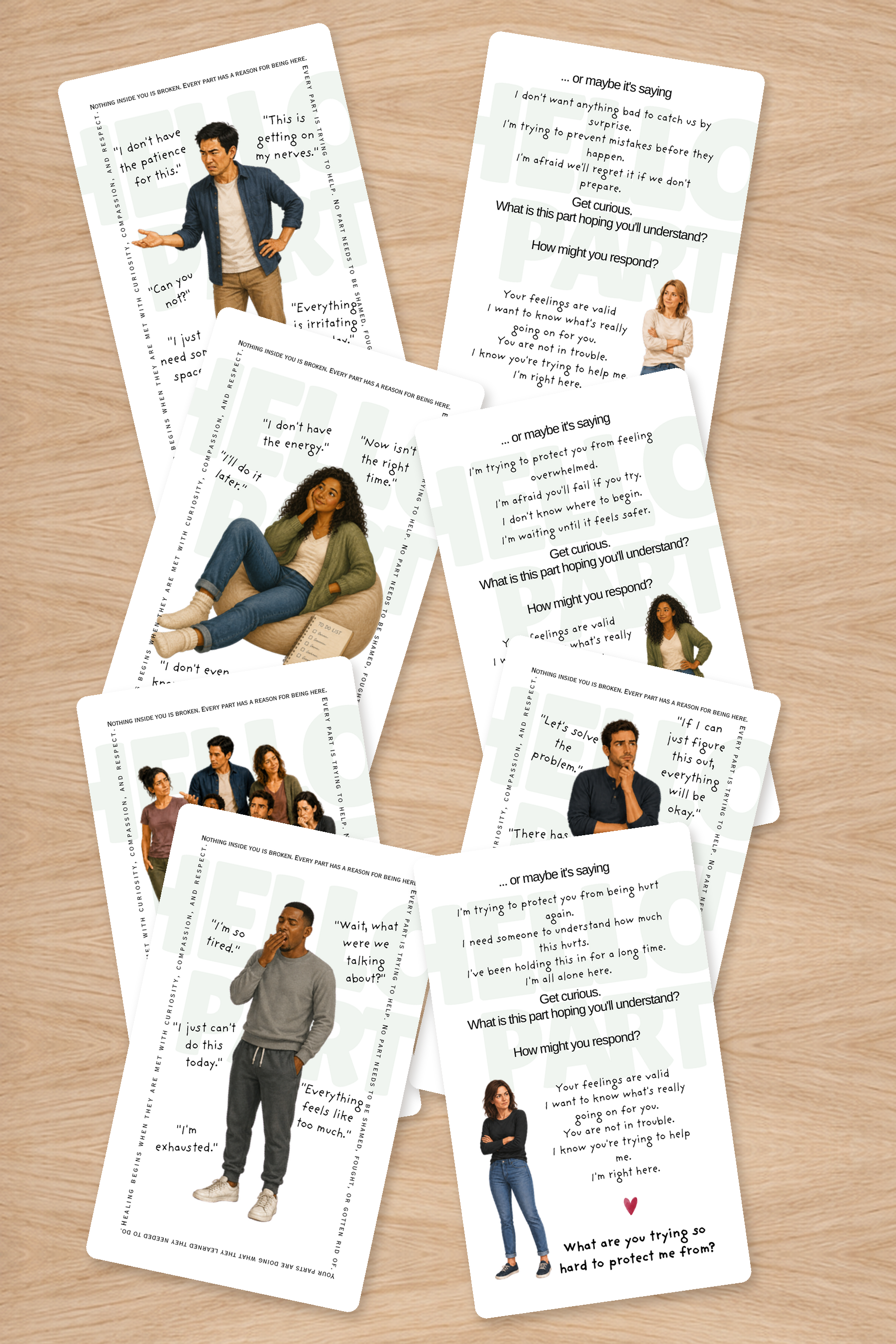 Hello Part illustrated cards and reflection prompts arranged on a wooden surface