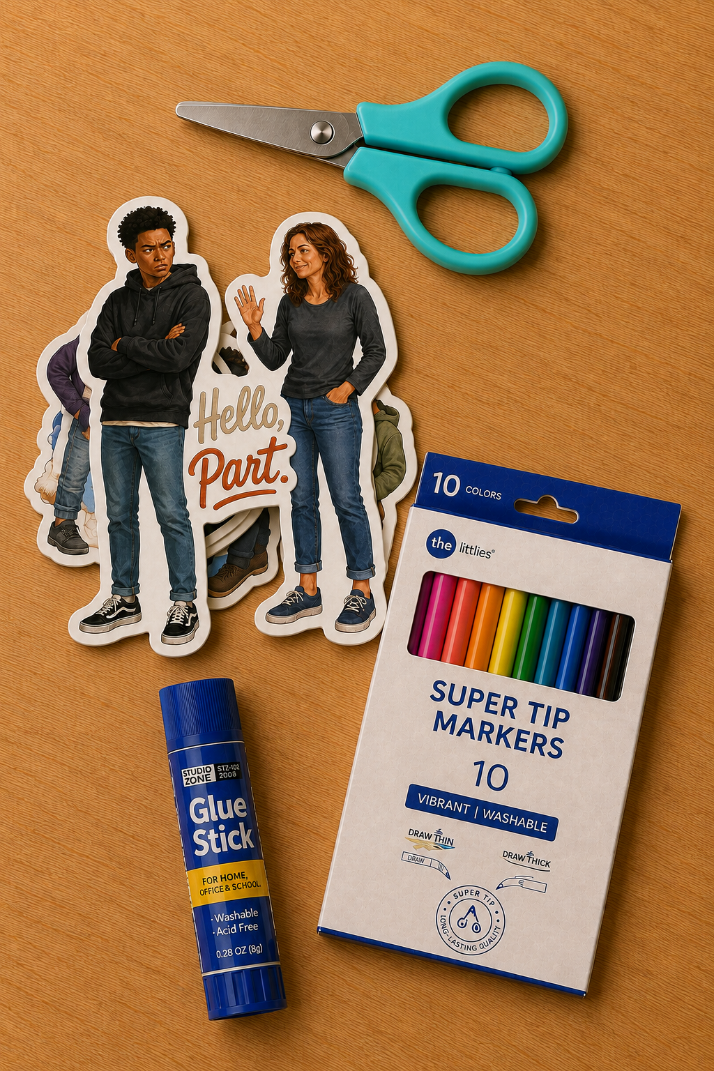 Hello Part Goodie Bag supplies: character stickers, scissors, markers, and a glue stick