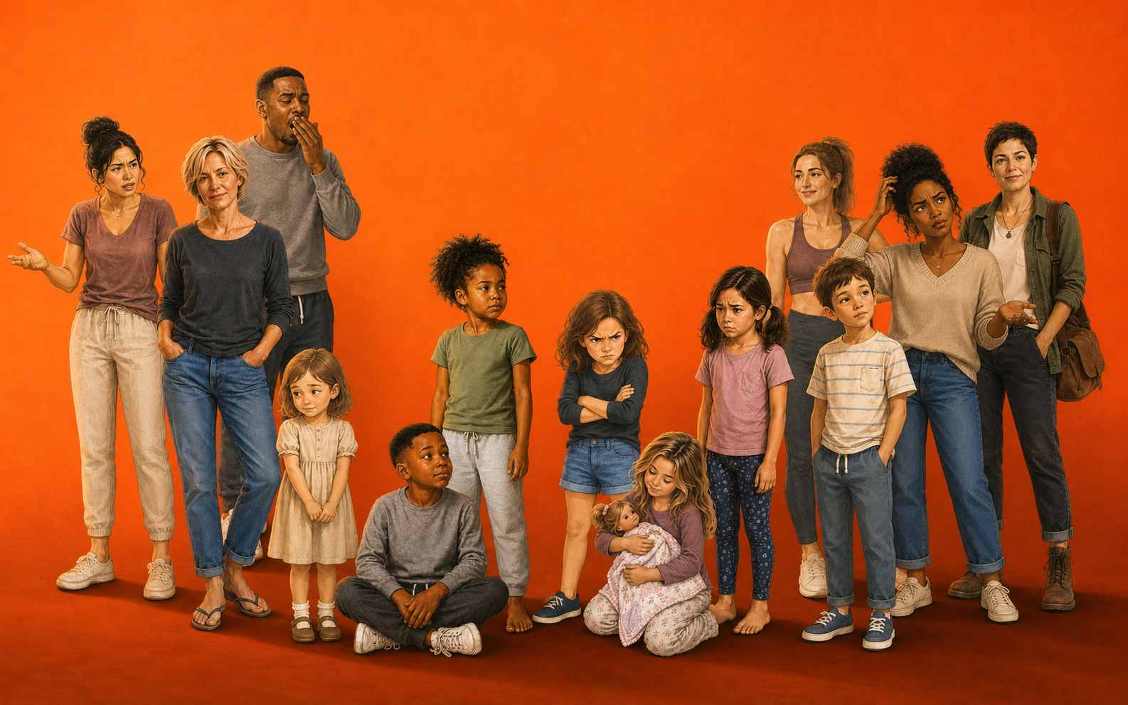 A group of people of different ages expressing different emotions